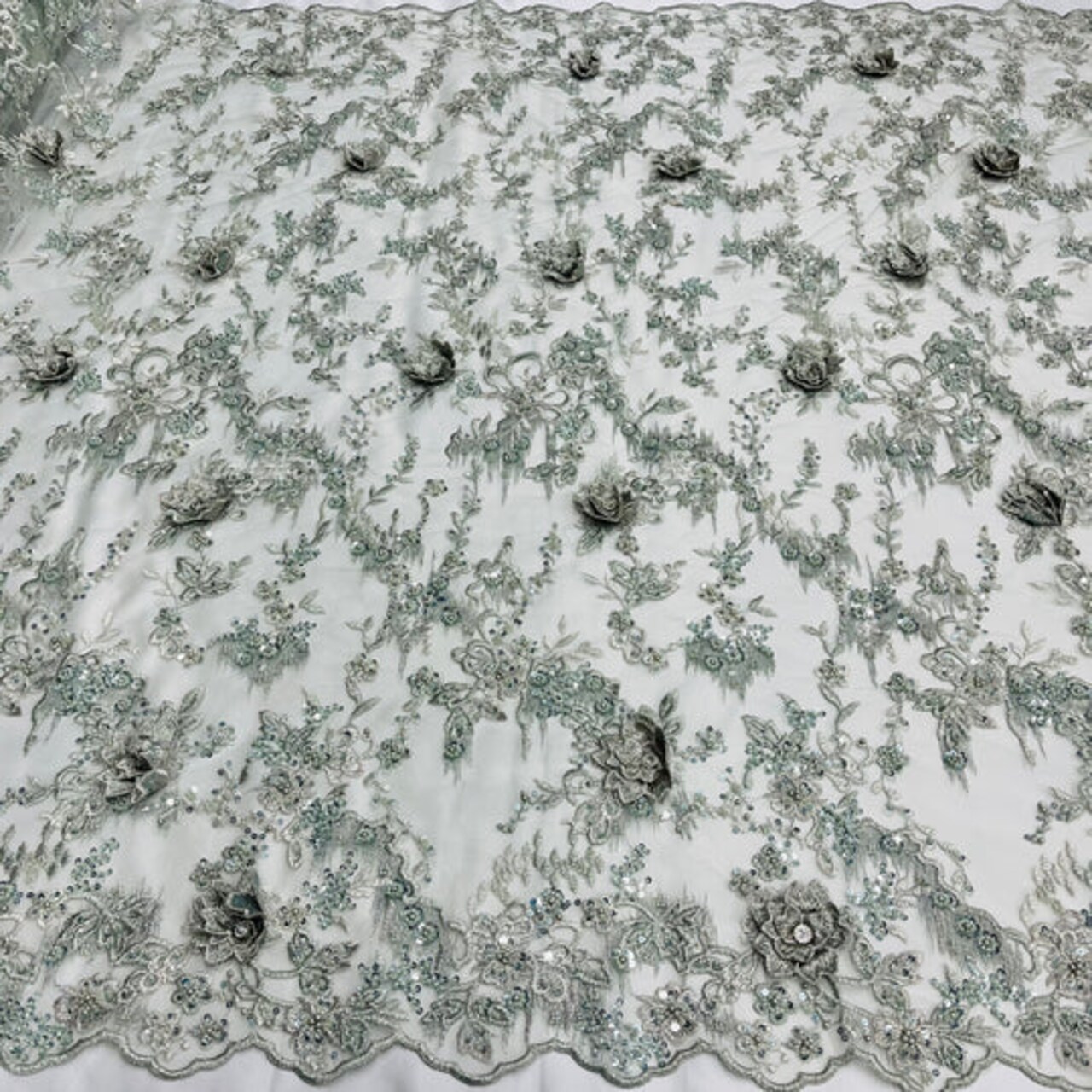 1 Yard Beaded Rhinestone 3D Floral Lace Fabric Embroidered 100 Percent Polyester Net Mesh 50 inch Width